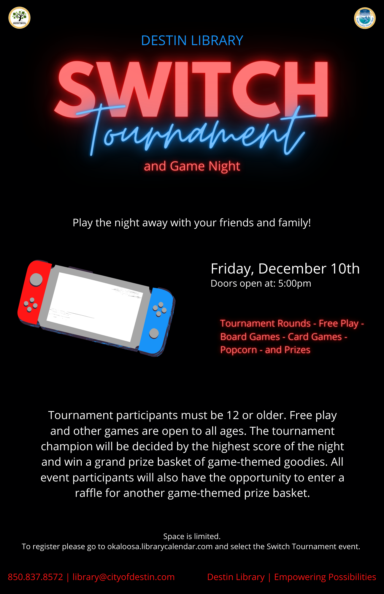 Switch Tournament and Game Night at the Destin Library 12.10.21 5PM-7PM