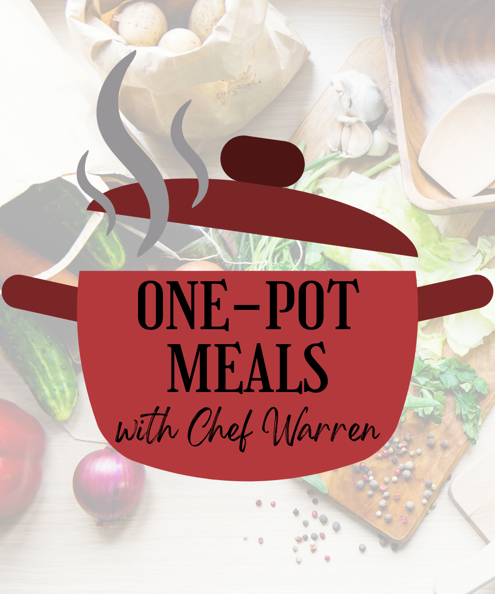 Cooking pot with text One-Pot Meals with Chef Warren