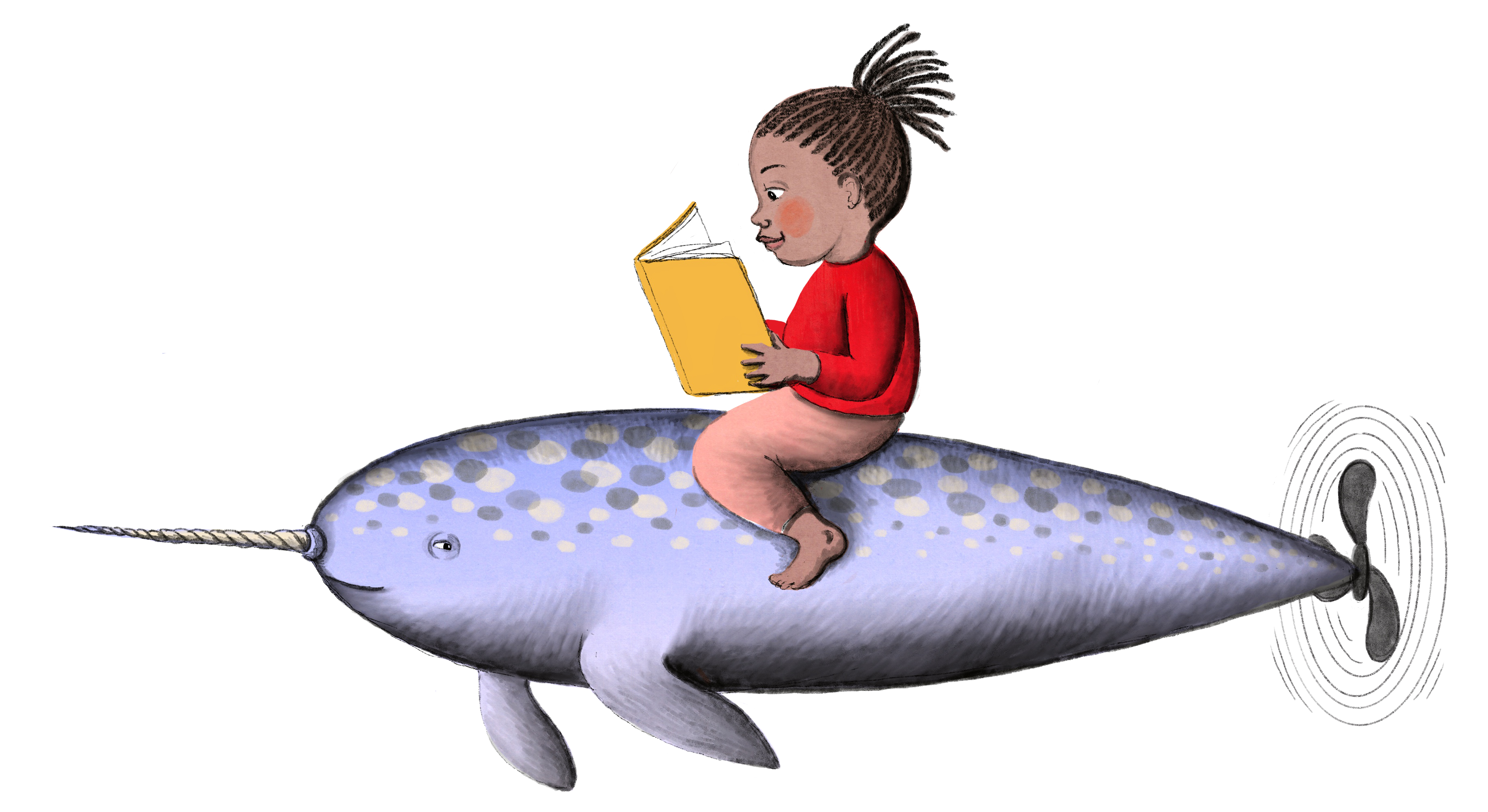 girl reading while riding on a narwhal
