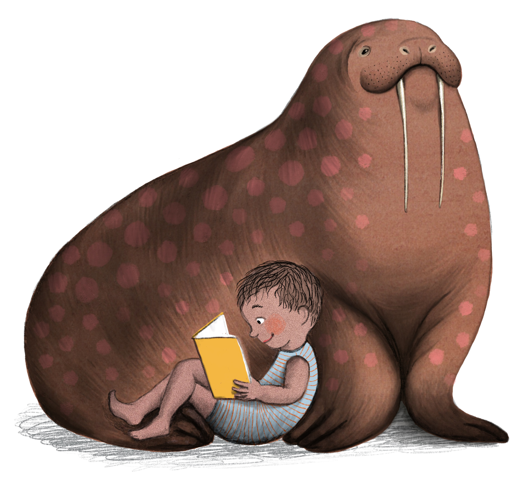 boy cuddled up to walrus to read a book