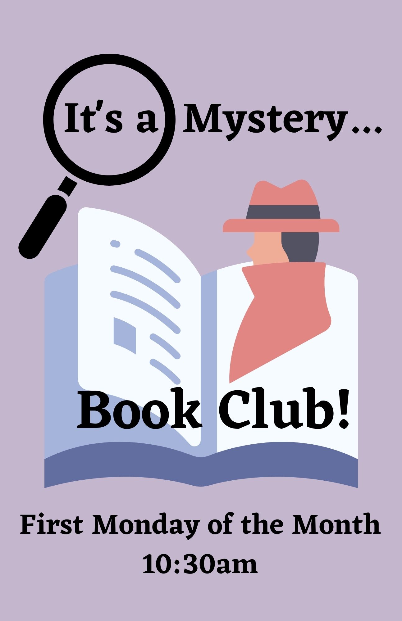 It's a mystery book club! Images of a detective with magnifying glass and book.