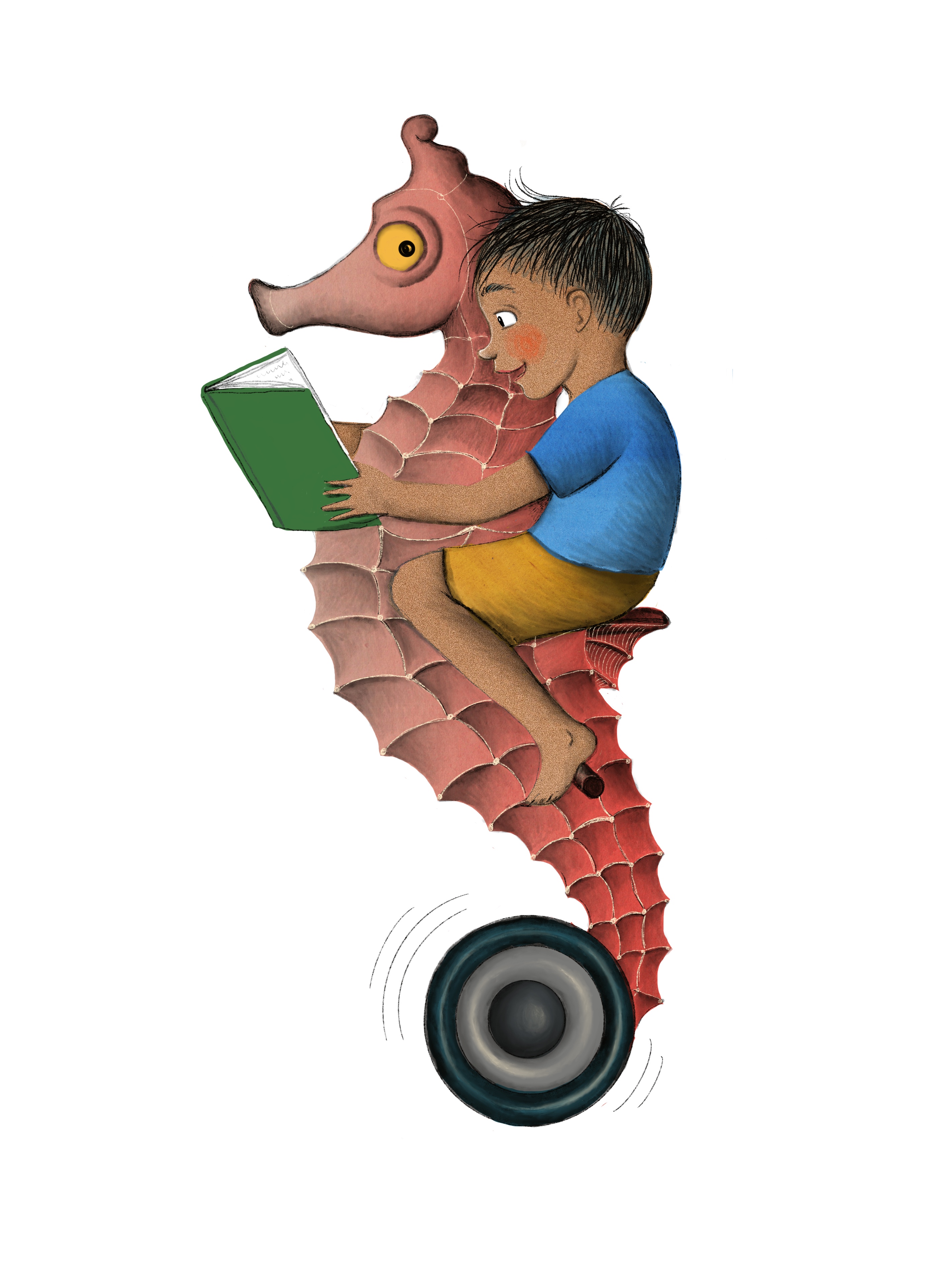 boy reading while riding a seahorse