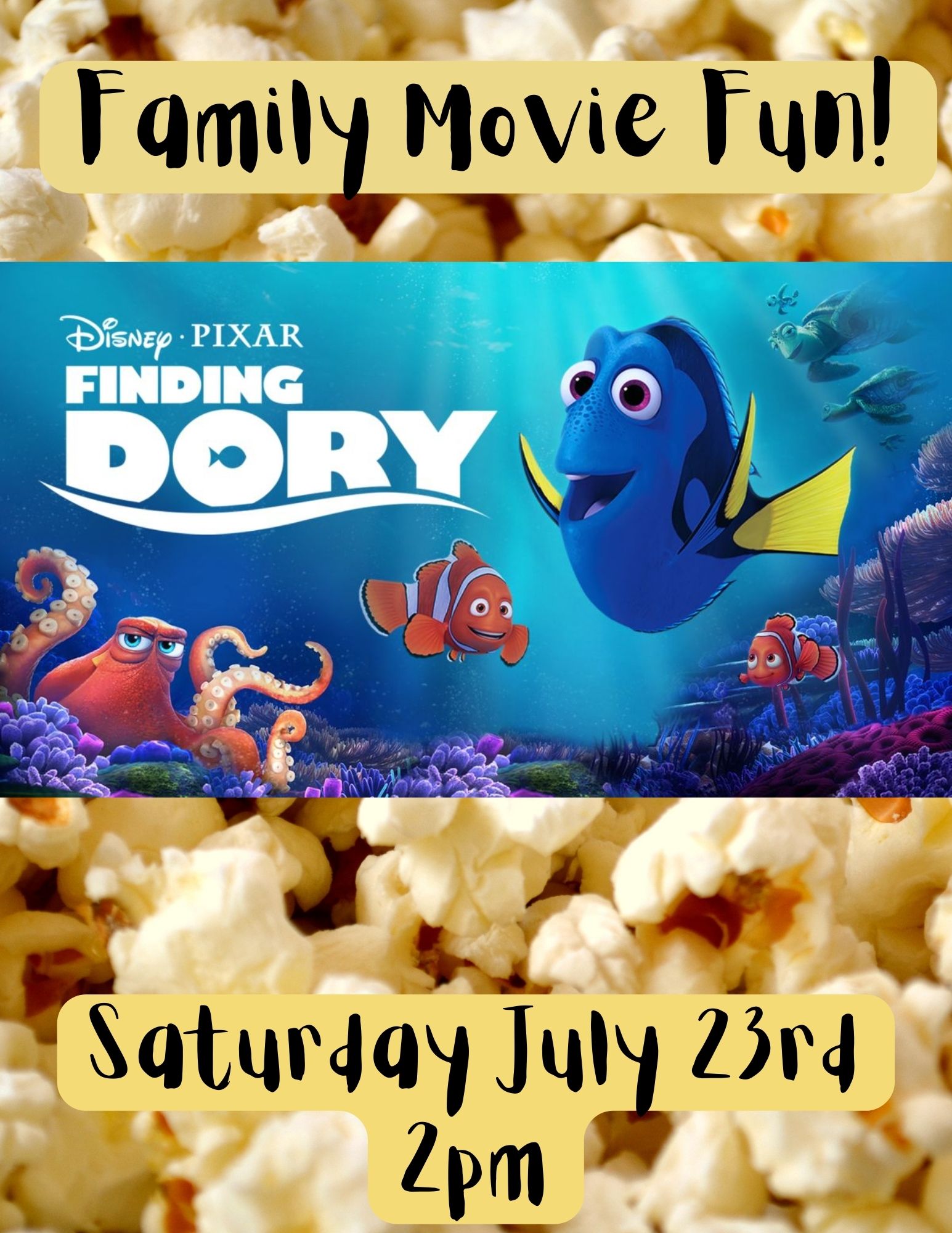 Popcorn background and a stock photo of Finding Dory with fish.
