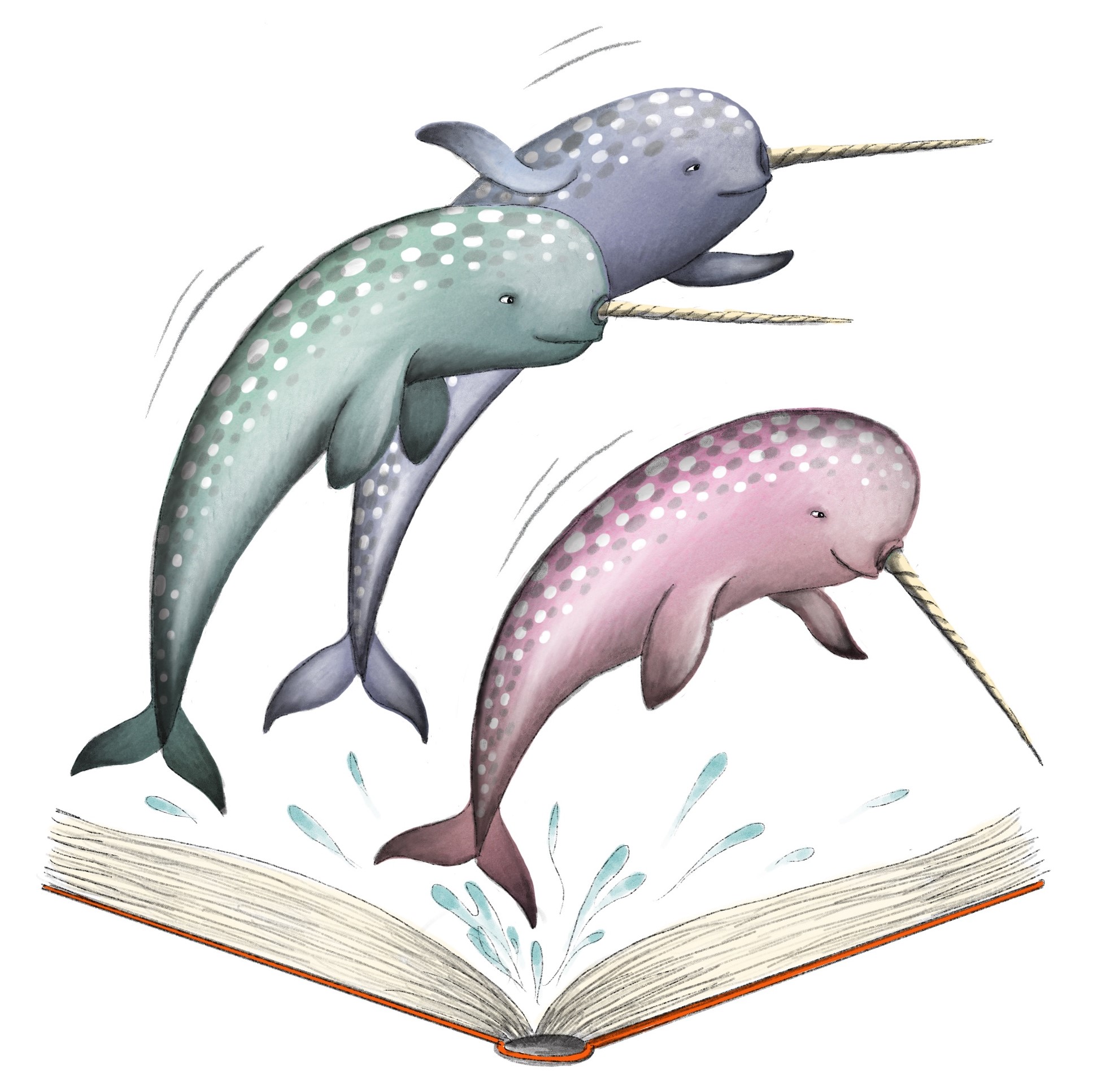 Narwhals leaping from open book