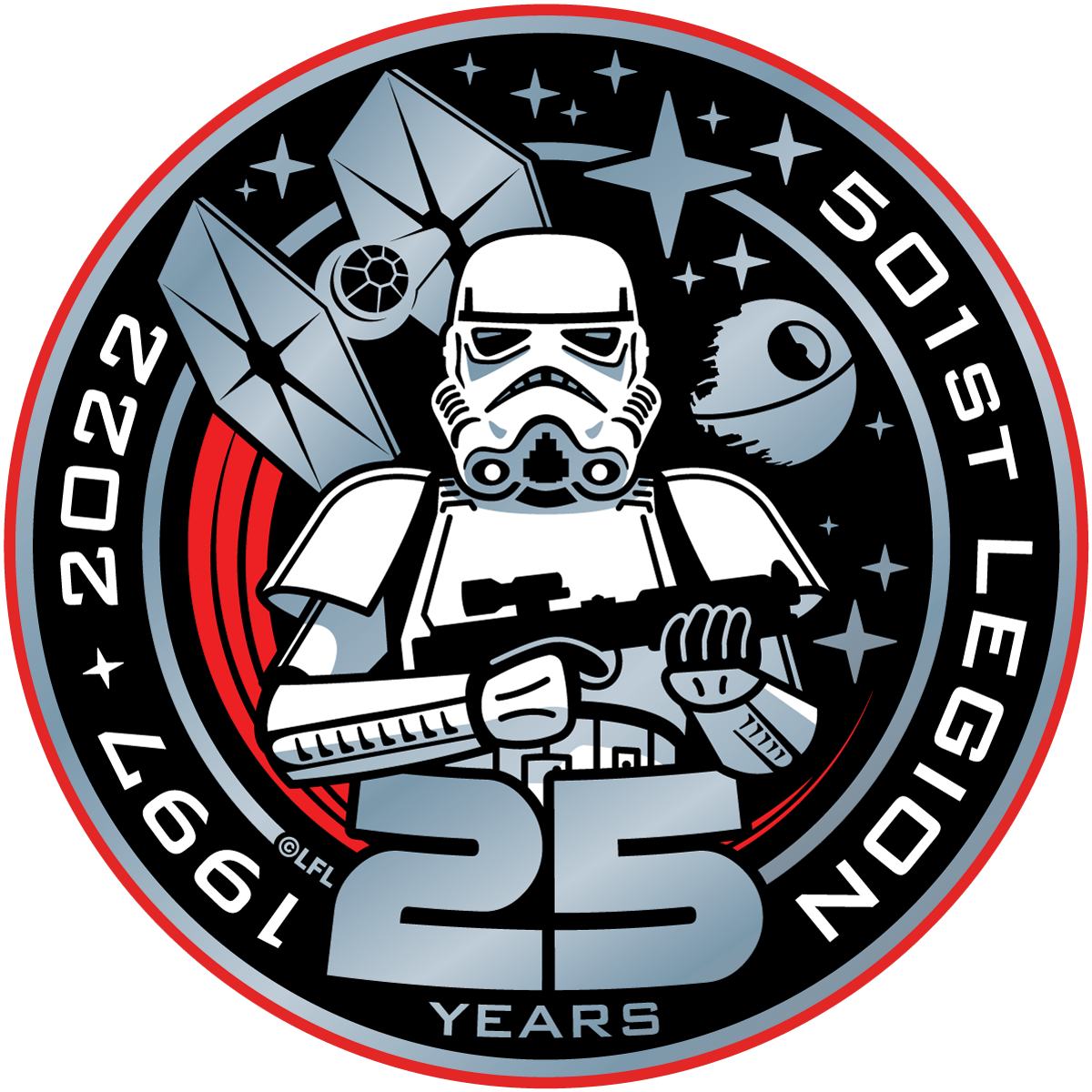 Image is the 501st 25th anniversary logo. It is a black circle with a clone trooper in the middles and the words 501st Legion and 1997-2022 around the sides.