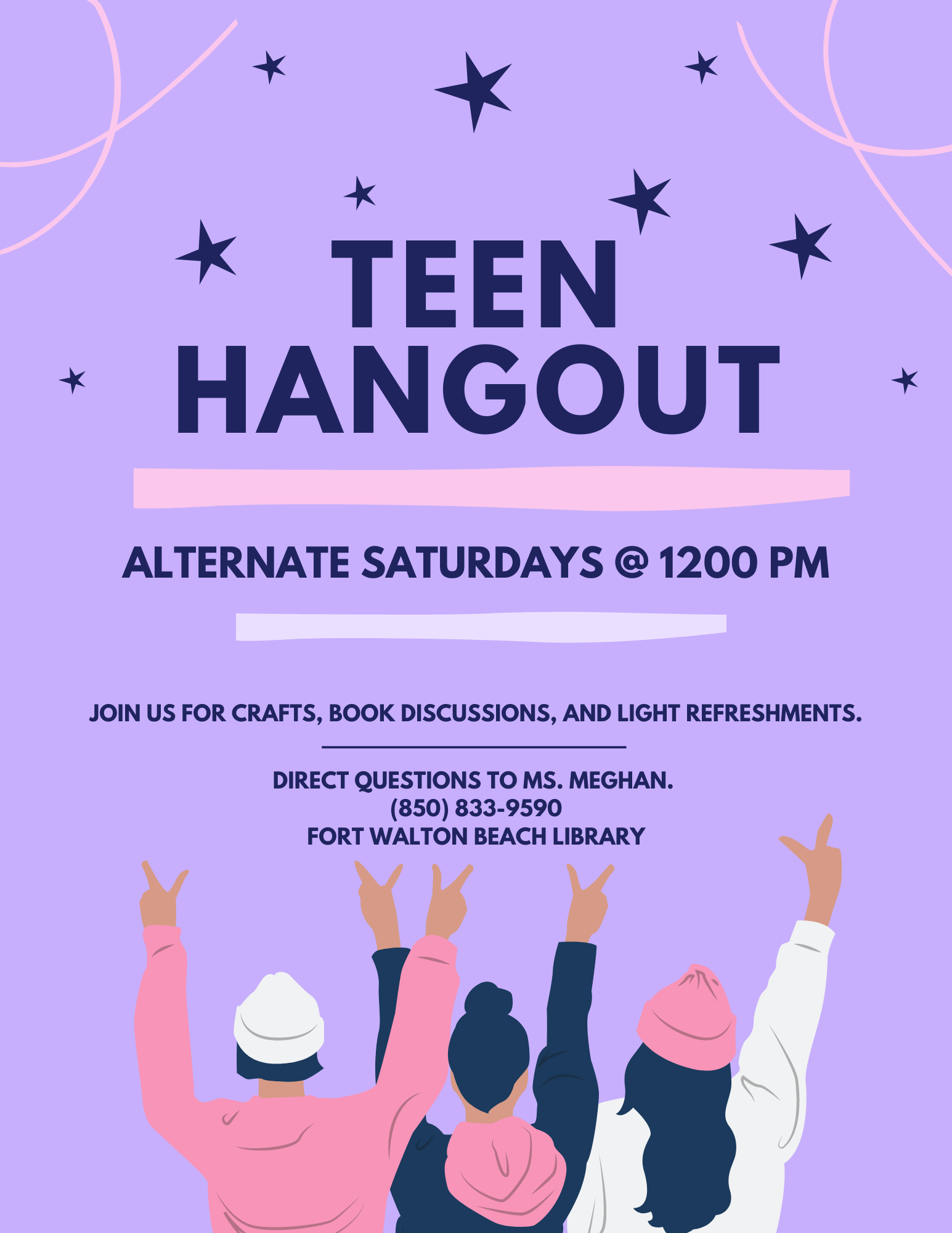 A flyer with a purple background and white, pink, and purple accents. The flyer reads "Teen Hangout" and provides that the meetings will be on alternate Saturdays at 12:00 pm. 