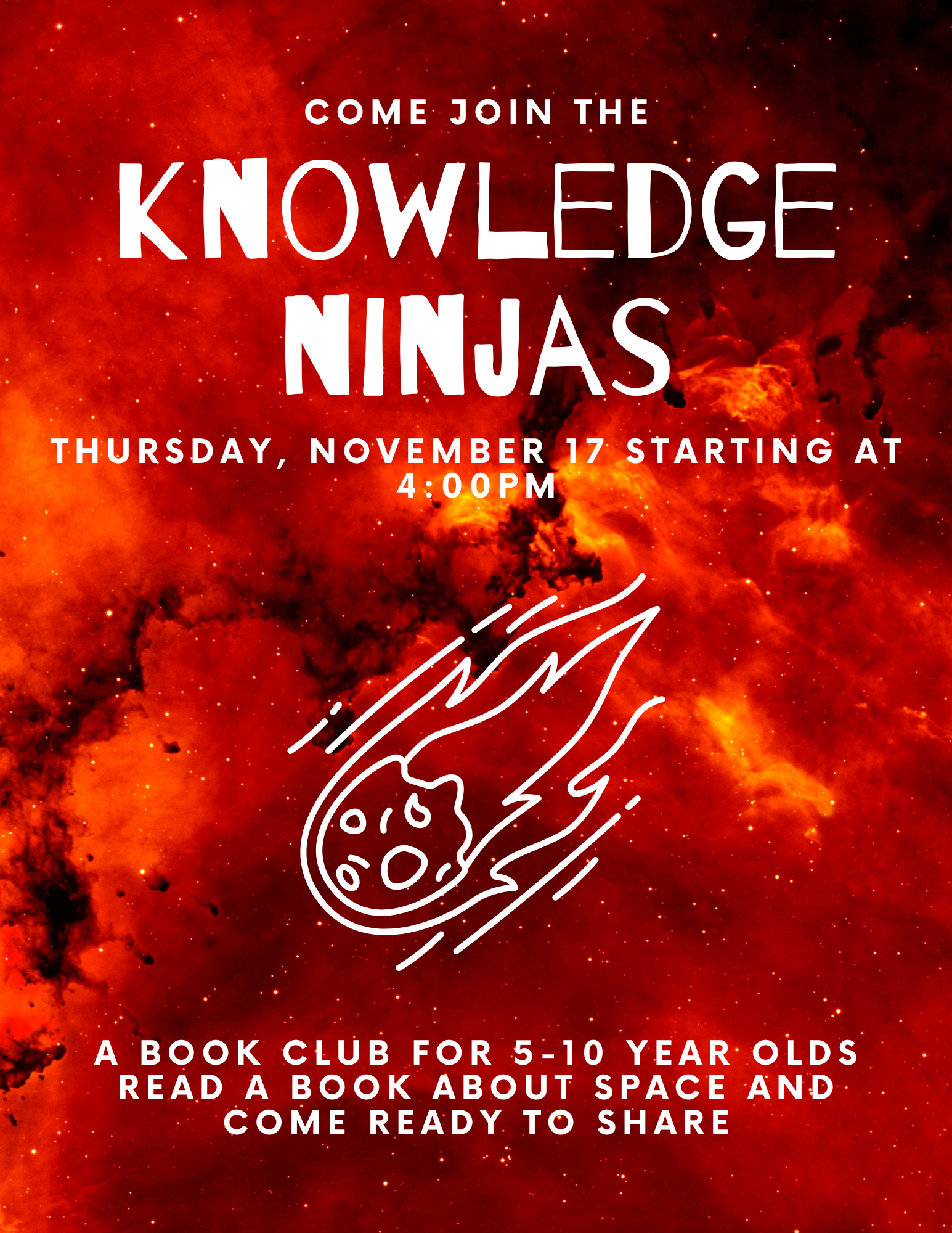 Fiery red background with a speeding meteor. Knowledge Ninjas