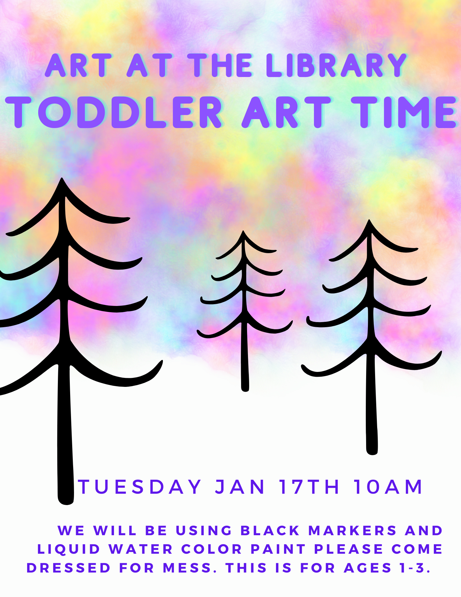 artArt at the Library: Toddler Art Time,  January 17th at 10 a.m.  We will be using liquid water color and marker.  This is a lesson for ages 1-3 years old. 