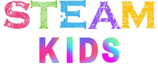 Coloful block letters spelling STEAM KIDS