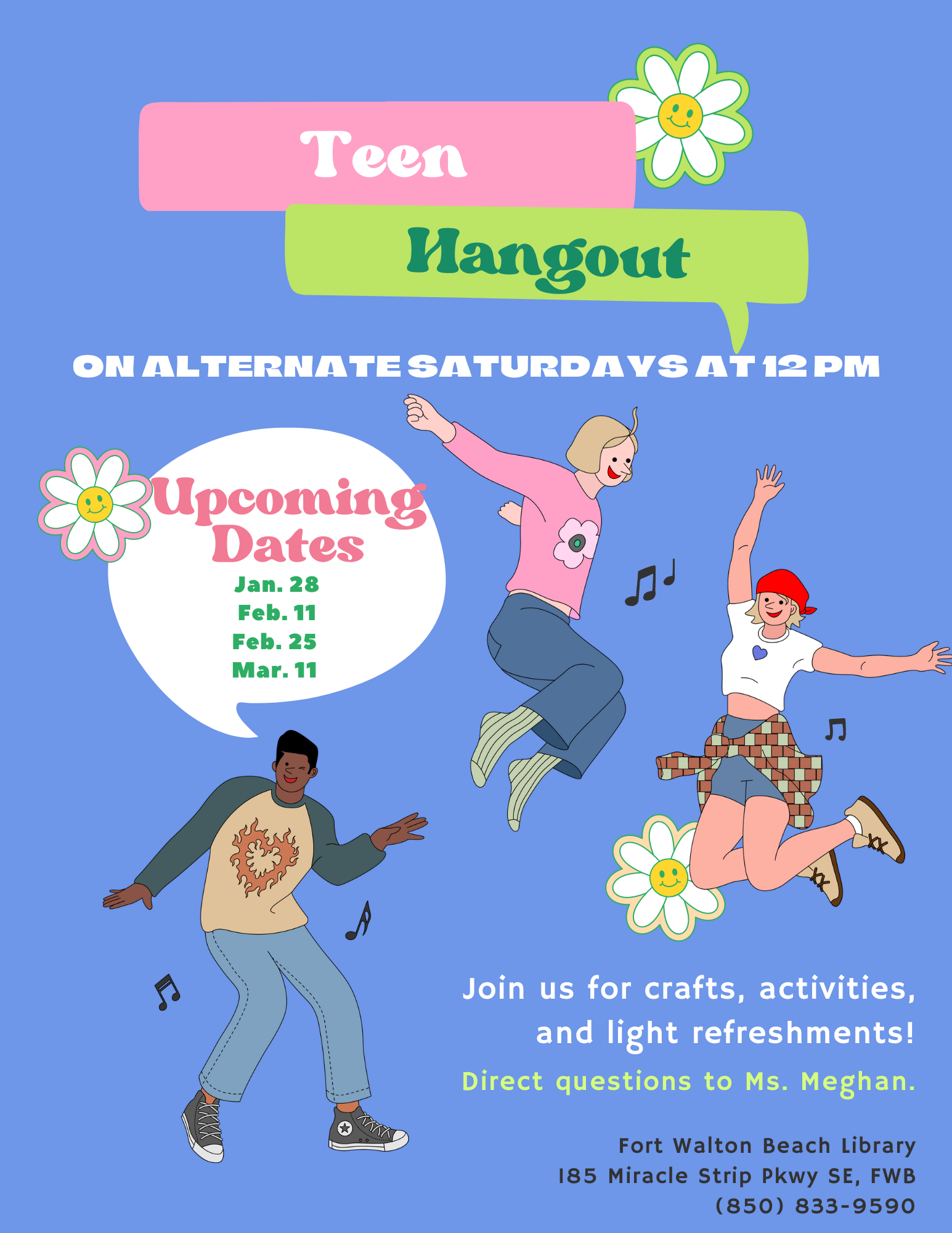 Image is a flyer titled "Teen Hangout" with upcoming dates. There is a blue background with three teens jumping. 
