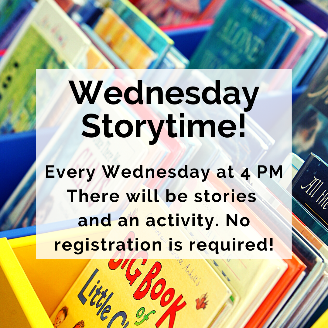 Picture is a background of books and the text reads "Wednesday Storytime!" with the same details that are included in the calendar event description.