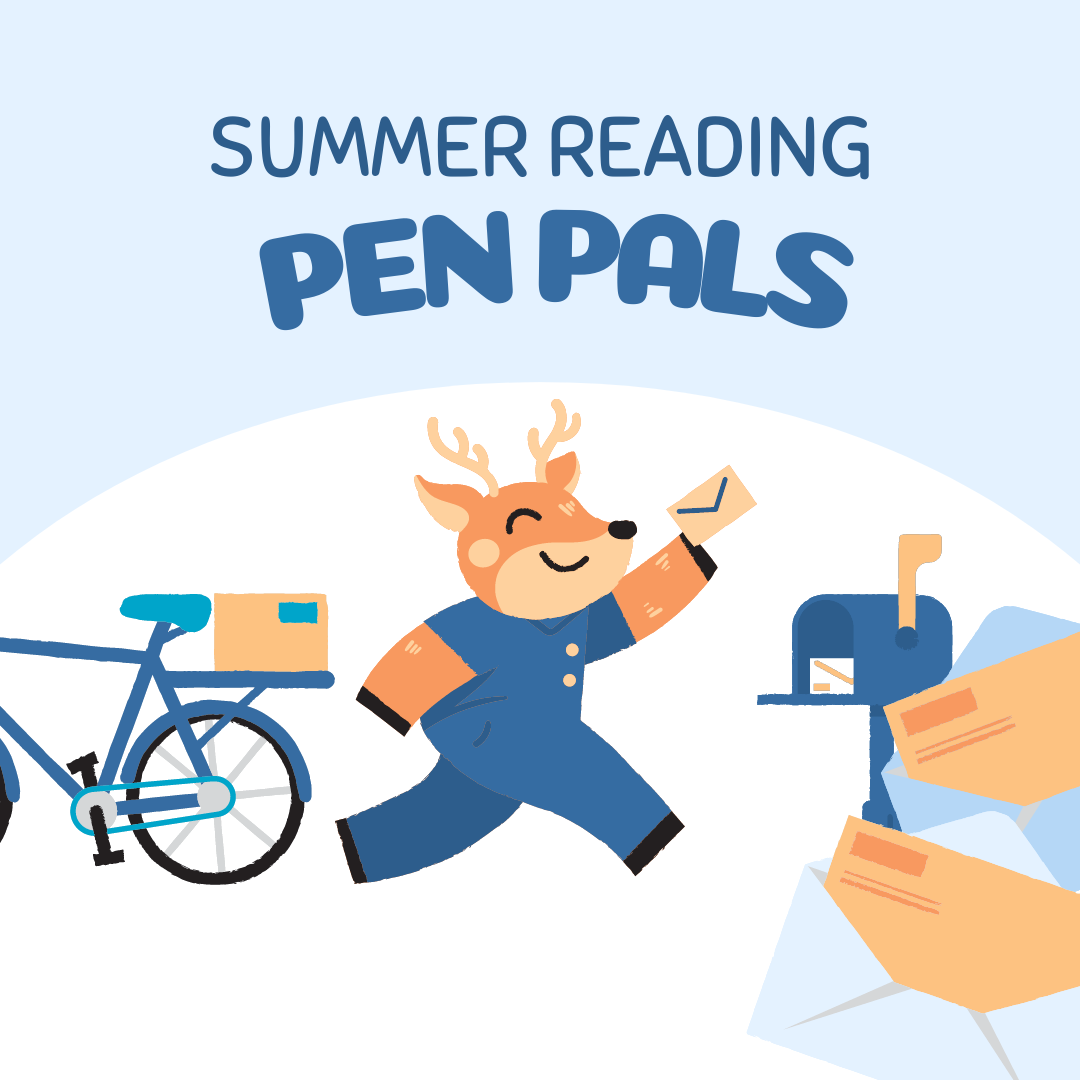 Image is a reindeer in a mailperson outfit, putting a letter into a mailbox. Background is blue and white and there is also a bike and other letters.