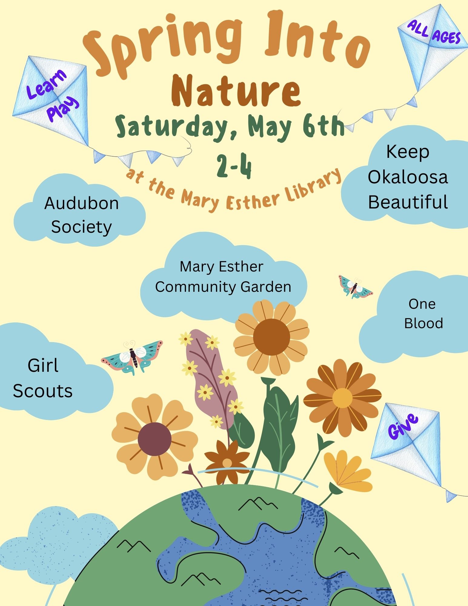 image of the earth with flowers growing out of the top that say spring into nature, clouds that have community partner names, and kites