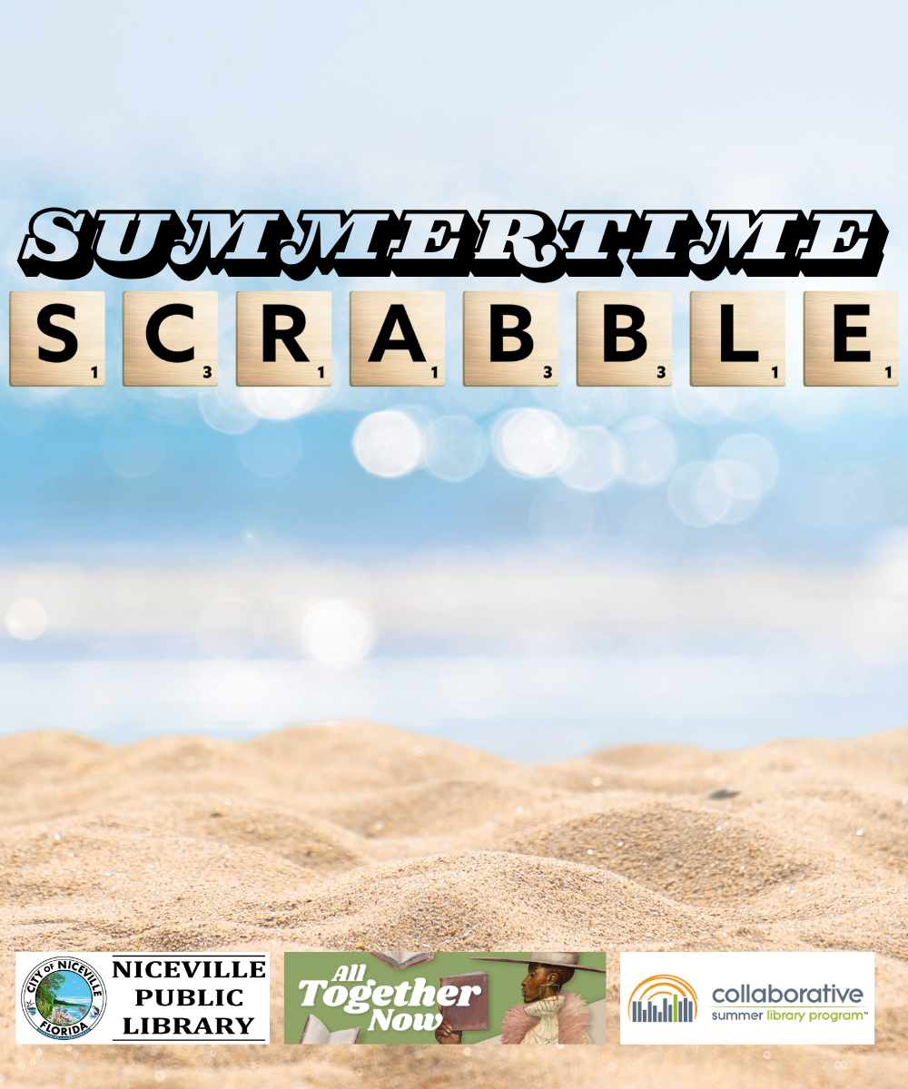 Summertime Scrabble text over beach scene