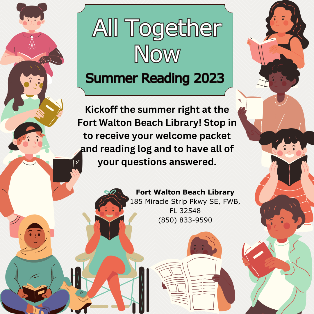 Image has a grey background with different children reading around the border. The text reads "All Together Now. Summer Reading 2023" with the calendar information also written on it.