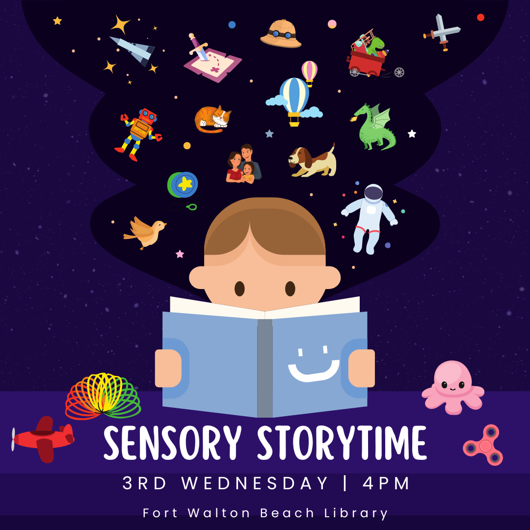 Image has a purple background and shows a child reading a book with characters floating off the pages. It contains the information found in the calendar event.
