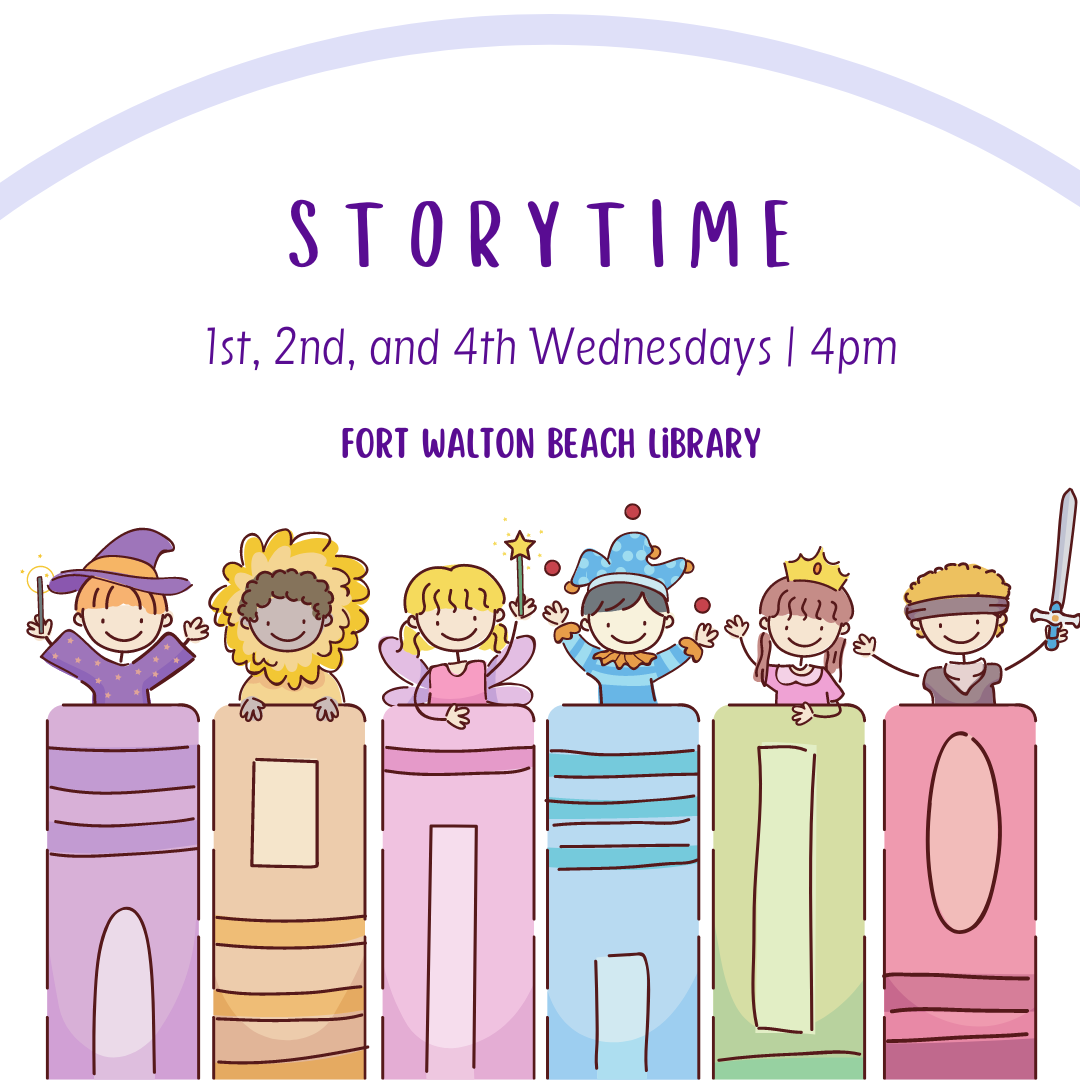 Image has a white background with colorful books and children dressed in costumes. It contains the information found in the calendar event.