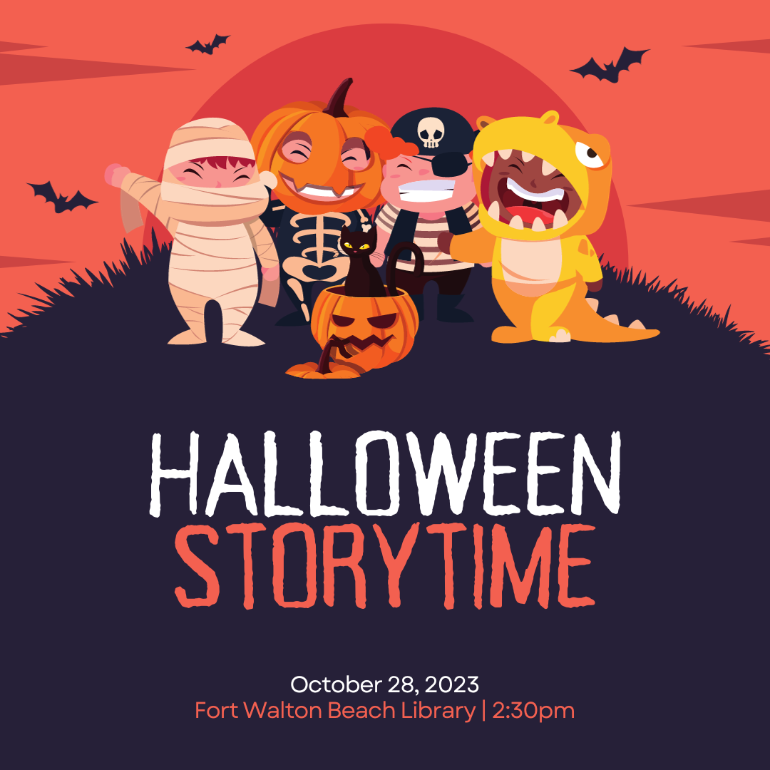 Image has bats flying in the background and kids dressed as monsters. It reads "Halloween Storytime" and contains the information found in the calendar event.