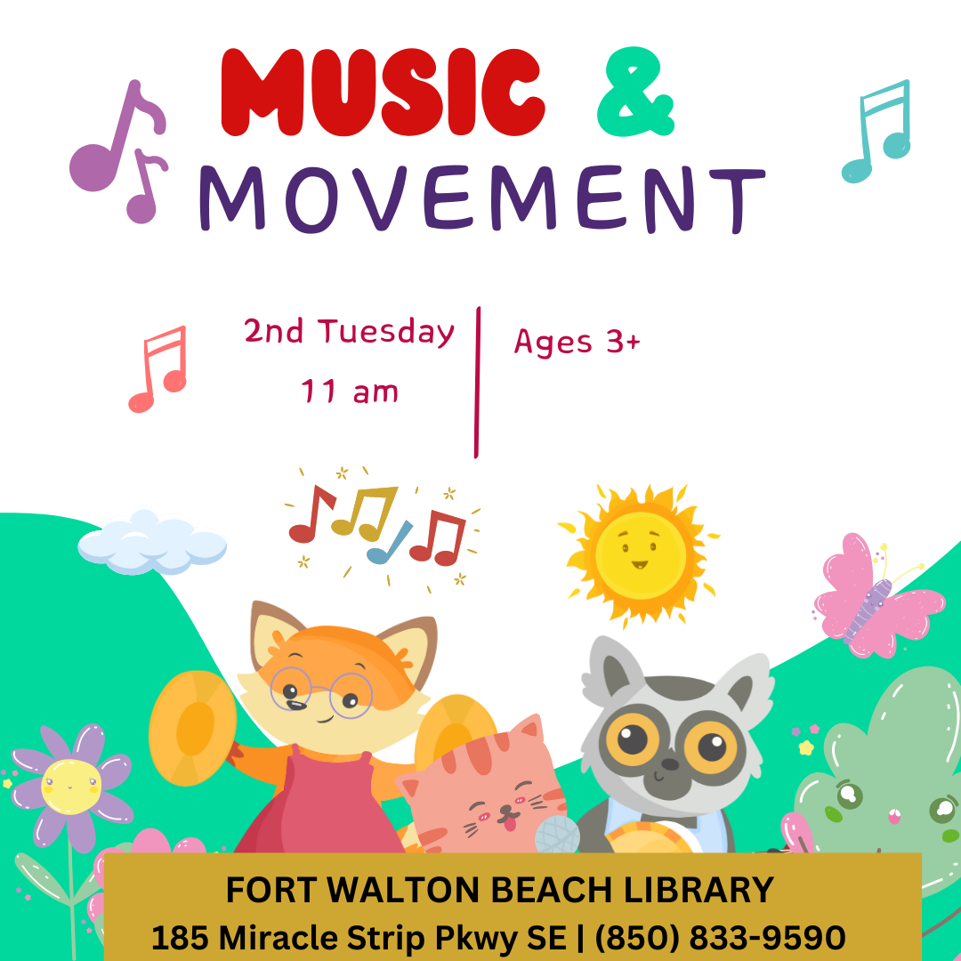 Image has cartoon animals playing instruments and reads "Music and Movement. 2nd Tuesdays. 11am. Ages 3+".