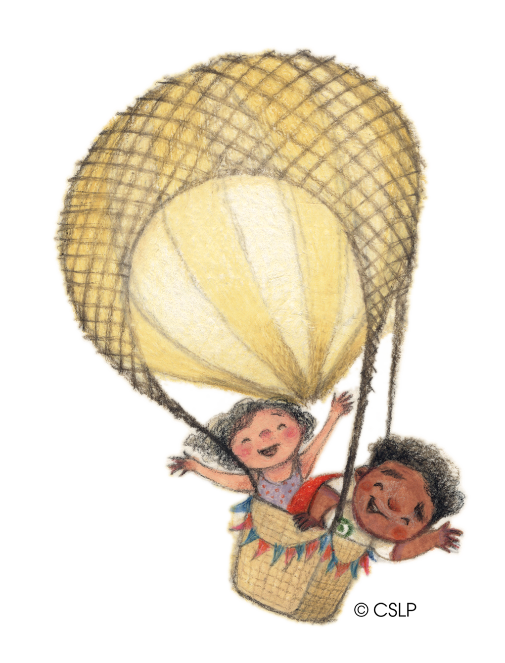 two happy children in a hot air balloon
