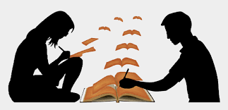Shadow outline of man and woman with book pages flying