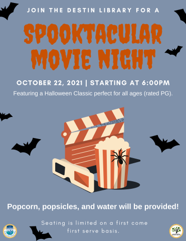 Spooktacular movie night. October 22, 2021 | Starting at 6:00PM. Featuring a Halloween Classic perfect for all ages (rated PG)..