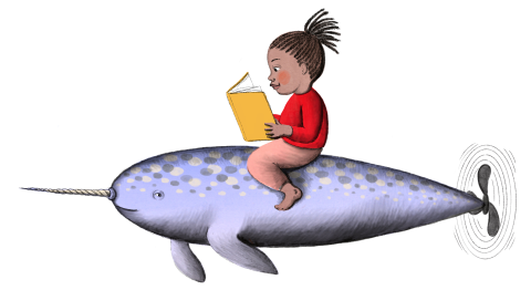 girl reading while riding on a narwhal