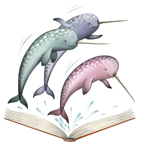 narwhals jumping out of an open book