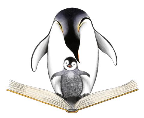 parent and baby penguin on book