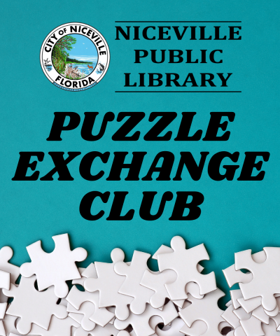 Niceville Library Logo with text Puzzle Exchange Club and image of puzzle pieces
