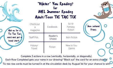 An image of a tic tac toe game with different types of reading materials, a wave, bubbles, and a sea otter holding a book.