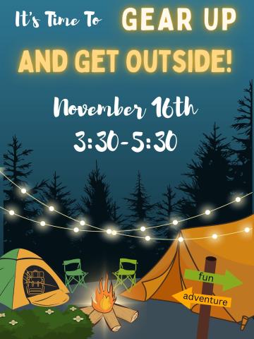 Two tents and a camp fire with string lights and two chairs with a sign that says fun and adventure