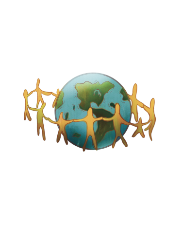 stick figures holding hands encircling a globe