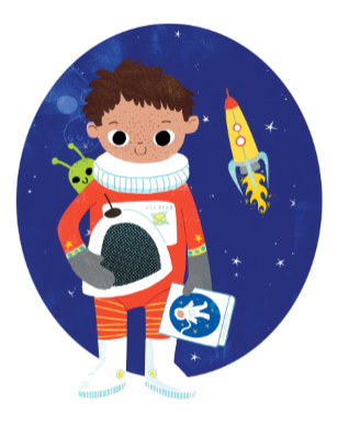 astronaut with outer space and rocket behind him