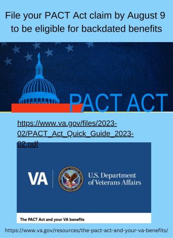outline of goverment building and PACT Act websit URLs with VA logo