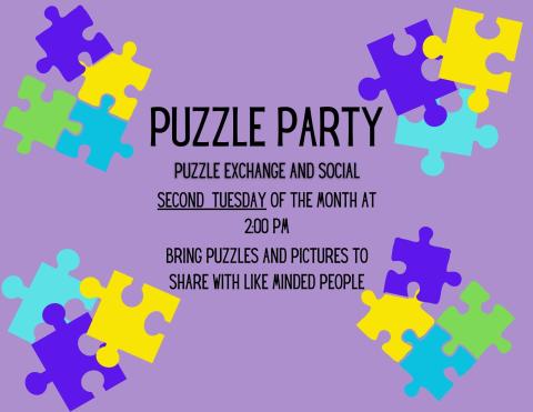 purple background with mutlicolored puzzle pieces and event details
