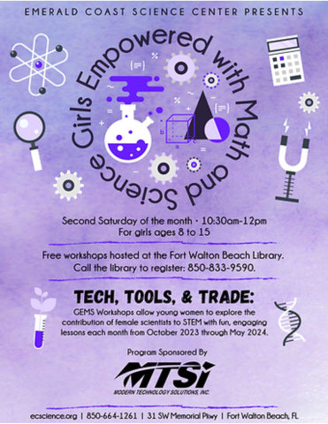 Image is the GEMS flyer from the Emerald Coast Science Center. It has a purple background with science-related images and contains the information found in the calendar event.