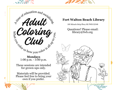 Adult Coloring Club FWB Mondays 1 - 3 PM