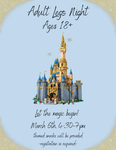 Disney castle made of legos with light blue background and gold sparkle framing