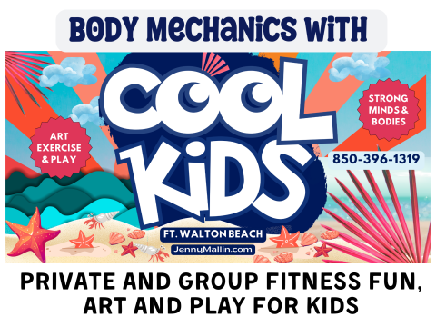 Image has a colorful, ocean background and reads "Body Mechanics with Cool Kids" and includes information about the Cool Kids Fitness.