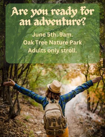 person hiking in the trees with arms up in joy along with details of event