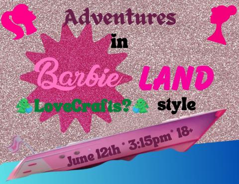 pink sparkly background with barbie boat and barbies with event details
