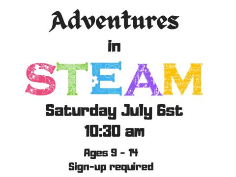 colorful block letters spelling STEAM and details about event