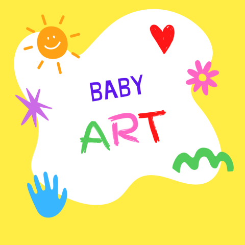 Image has a yellow background with various doodles and reads "Baby Art."