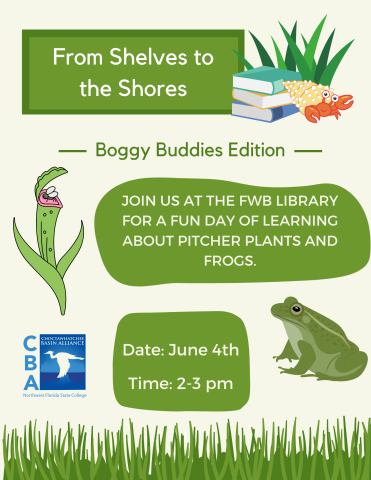 Image is a Choctaw Basin Alliance flyer with a tan background with grass, a frog, and plants on it. It contains the information found in this event.