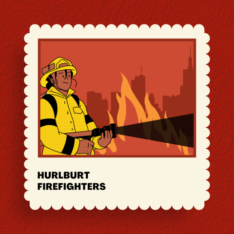 Image has a red background with a stamp that has a firefighter fighting fires and says "Hurlburt Firefighters."