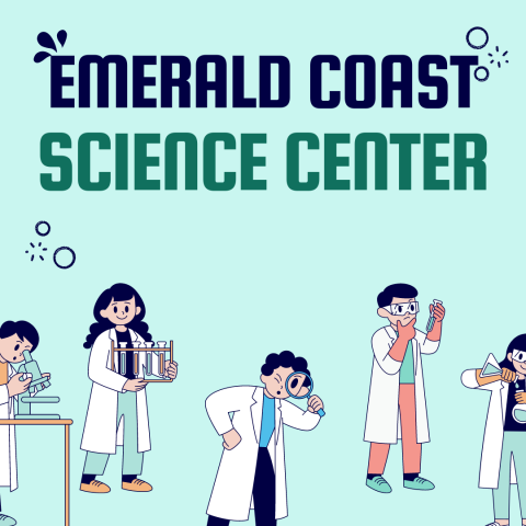 Image has a teal background with cartoon images of children in lab coats with various science equipment. It reads "Emerald Coast Science Center."