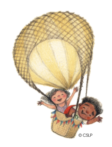 children riding in a hot air balloon