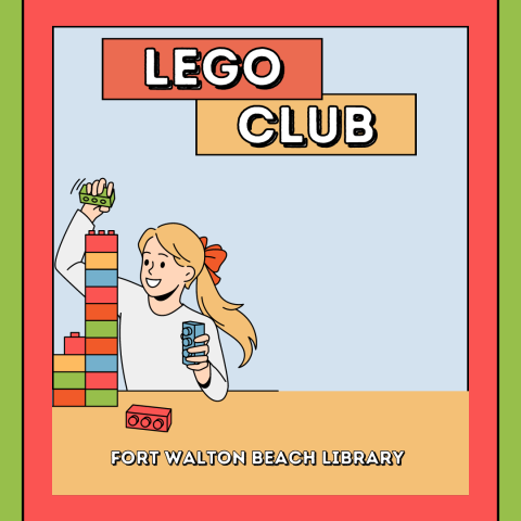 Image has a blue and tan background with a red and green border. There is a person with long hair playing with legos on a table. 