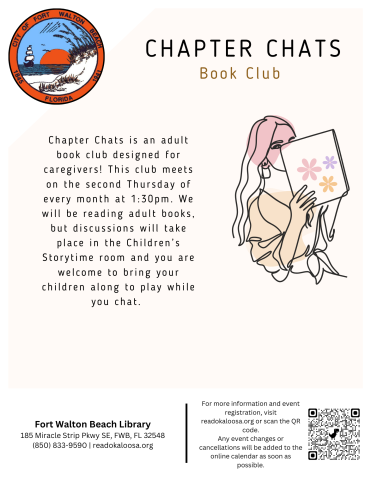 Image is a flyer with a tan background with a line drawing of a person reading a book. It reads "Chapter Chats" and contains the information found in the event details.